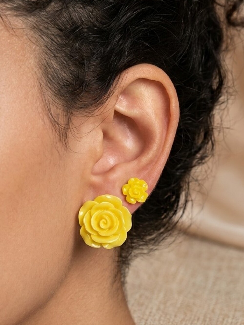 Handcrafted Nature-Inspired Yellow Rose Earrings Set Of Two
